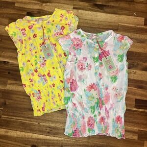 (2) NWT Room Seven Shirts - Toddler Girl 4T Floral Rose Tops White Yellow Cotton